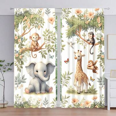 2 件森林动物大象、猴子、花朵、蝴蝶、鸟、叶子、鹿图案窗帘，数码印花涤纶材料，柔化光线并提供隐私，适用于客厅、厨房、卧室、书房、酒店、餐厅、家居装饰