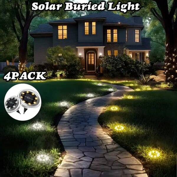 4PCS Solar 8LED Underground Light, Outdoor Stainless Steel Ground Solar Light, IP65 Waterproof Outdoor Solar Street Light, Solar Lawn Underground Light, Street Light, Night Light, Small And Cute, Decorative Garden, Villa, Garden, Lawn, Road, Pedestrian Path, Lane, Solar Landscape Light, Can Also Be Used As An Atmosphere Decoration Light For Christmas And Halloween