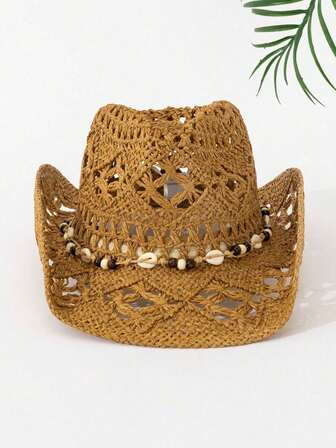 1pc Boho Sea Shell Hollow Straw Sun Hat, Western Cowgirl Beach Hat, Great For Mother's Day Gift, Easter, Vacation, Photo Shoot