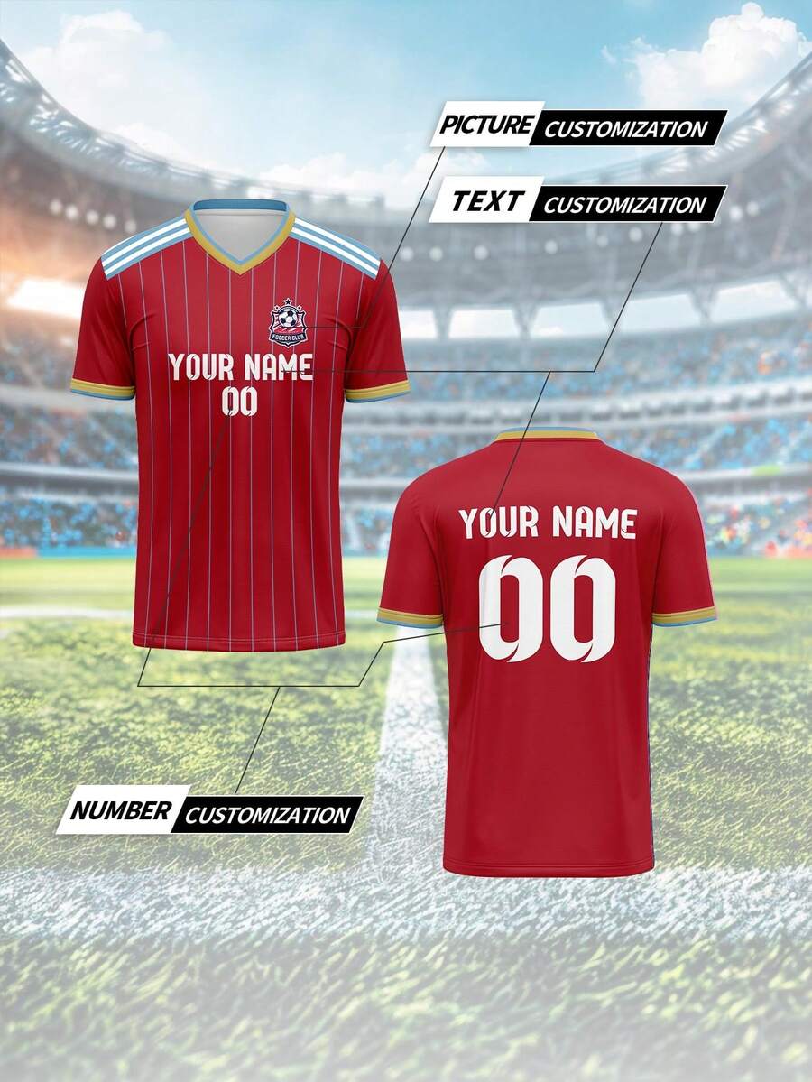 Camiseta personalizable, transpirable y de secado rápido de 210 g, adecuada para primavera/verano, uniforme deportivo de club de equipo con cuello en V, nombre, número y logo impresos en el frente y la parte trasera, ajuste cómodo para uso casual, fiesta y reunión