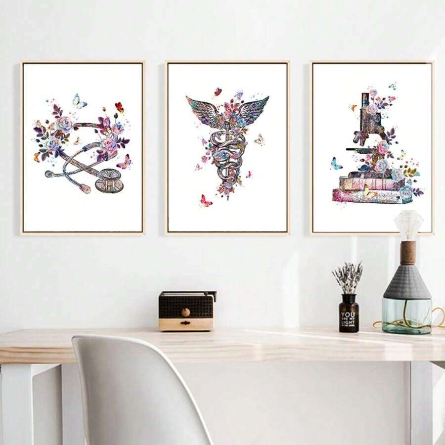 1pc Physician Gift Medical Device Watercolor Art Painting Canvas Print Caduceus Stethoscope Microscope Poster Clinic Wall Art Decor Optional Frame ,Wall Art With Frame - Multicolor - View 1
