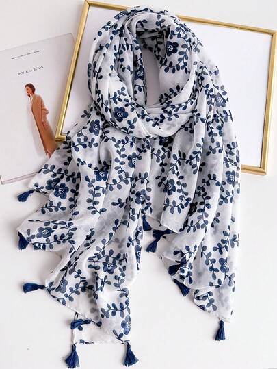 1pc Boho Beach Accessories Plants Print Hijab Tassel Scarf Casual Outdoor Sunscreen Windproof Beach Towel Winter Fall