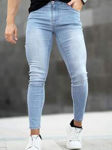 Men Clothes 1pc Men Skinny Distressed Denim Jeans, Elastic Breathable Casual Cargo Pants With Pockets, Solid Color Suitable For Urban Walking, Family Outdoor Activities, All Season