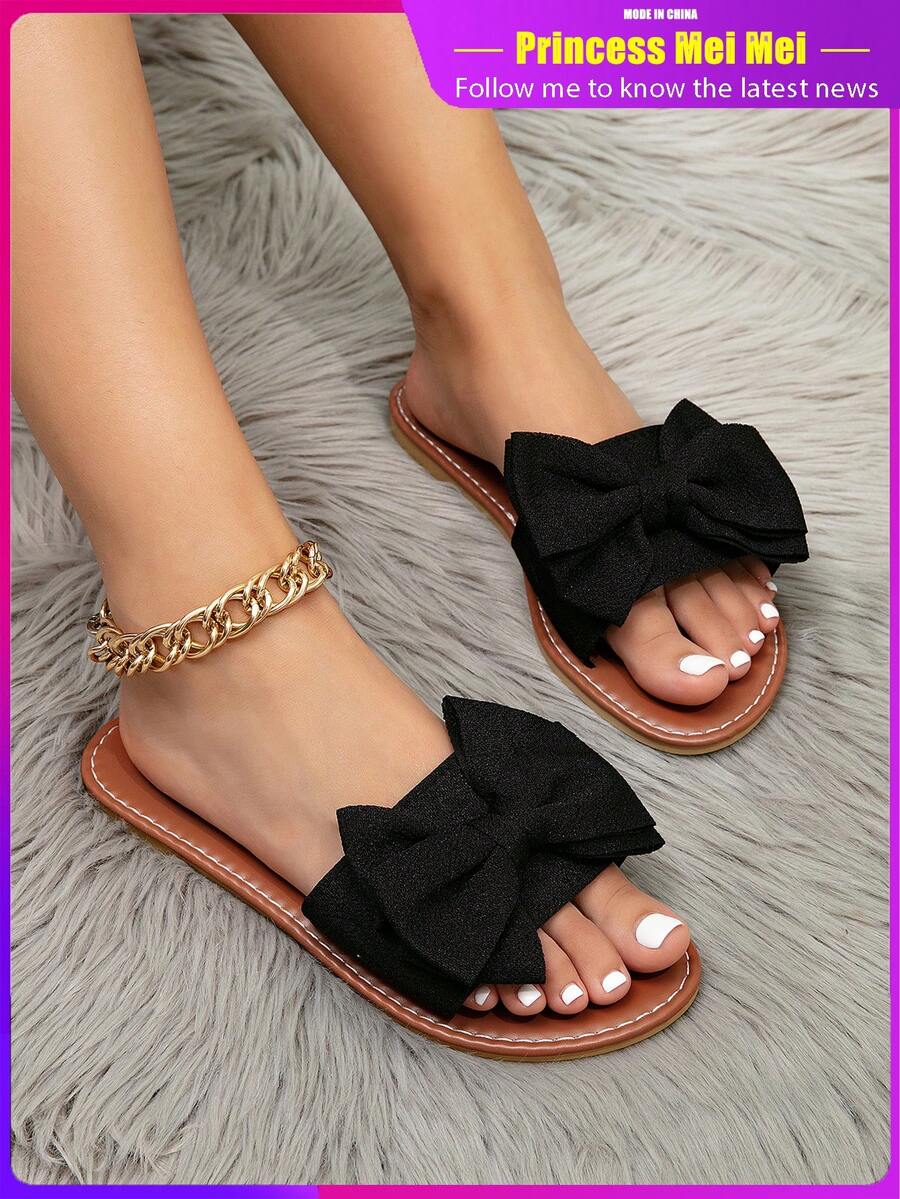 Girl's Fashion Bow Decor Plus Size Soft Bottom Beach Slippers, Simple & Personalized, Non-Slip, Suitable For Valentine's Day - Black - View 1