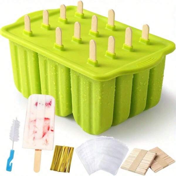 1 Stück Eislutscher Form, 12-fach Silikon Eislutscher Form leicht lösbar für hausgemachte Eispops, Backen, Bonbon & Gelee Pudding Form, geeignet für hausgemachtes Eis Eislutscher, großer Eislutscher Hersteller Set, auslaufsicher für Herstellung von Eis, Cake Pops, Eislutschern, kostenloser Eislutscher Hersteller mit 50 Stücke Eislutscher Stiele, 1 Stück Silikon Trichter, 50 Stücke Kabelbinder, 50 Stücke Eislutscher Beutel, 1 Stück Reinigungsbürste (Zufallsfarbe)