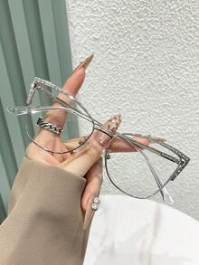 1 pieza Gafas de moda con lente transparente y diseño único de mujer con ojos de gato de metal con rhinestones - transparente - Ver 17