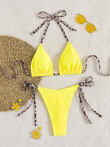Bộ bikini nữ tối giản, gợi cảm, dây buộc cổ, họa tiết da báo, 2 mảnh, thích hợp cho kỳ nghỉ hè, đi biển. - Màu vàng - Xem 2