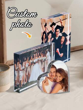 1 pieza Adorno de acrílico con foto personalizada, escultura de foto cuadrada transparente con forma de corazón personalizada, regalo exclusivo para bodas, graduaciones, cumpleaños, aniversarios, fotos de pareja personalizadas, fotos de grupo de boda, fotos de ceremonia de graduación, suministros de regalo de Navidad