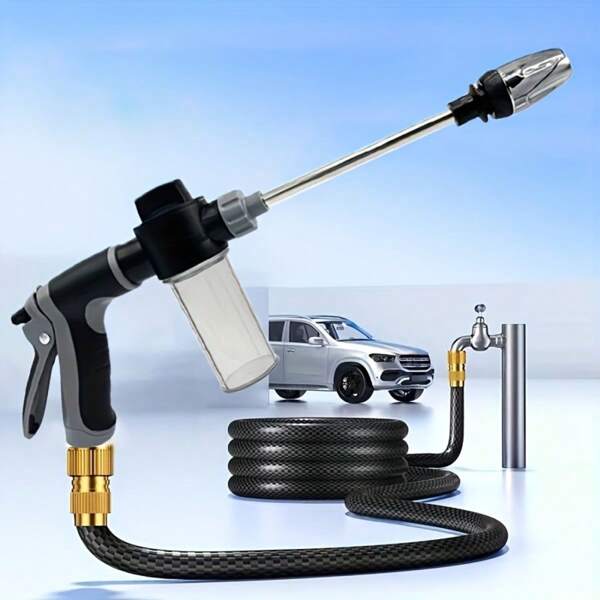 1pc Portable High Pressure Car Wash Water Gun, 3/4 Inch And 1/2 Inch Quick Connect Adapter, Multi-Function Garden Hose Nozzle, Adjustable Thickening Rod Spray, Suitable For Car Cleaning And Pet Cleaning.