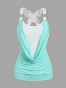 Women's Solid Color Contrast Draped Neck Cami Top, Fashionable For Summer - Mint Green - View 1