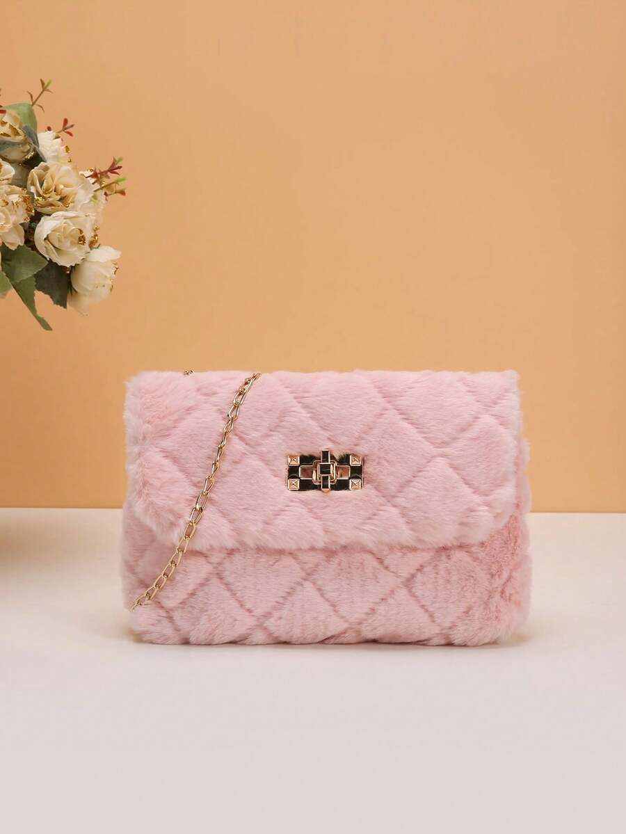 Faux Fur Cross-Body Bag, Women's New Fashion Versatile Chain Shoulder Bag, Furry Lock Small Square Purse , Pink