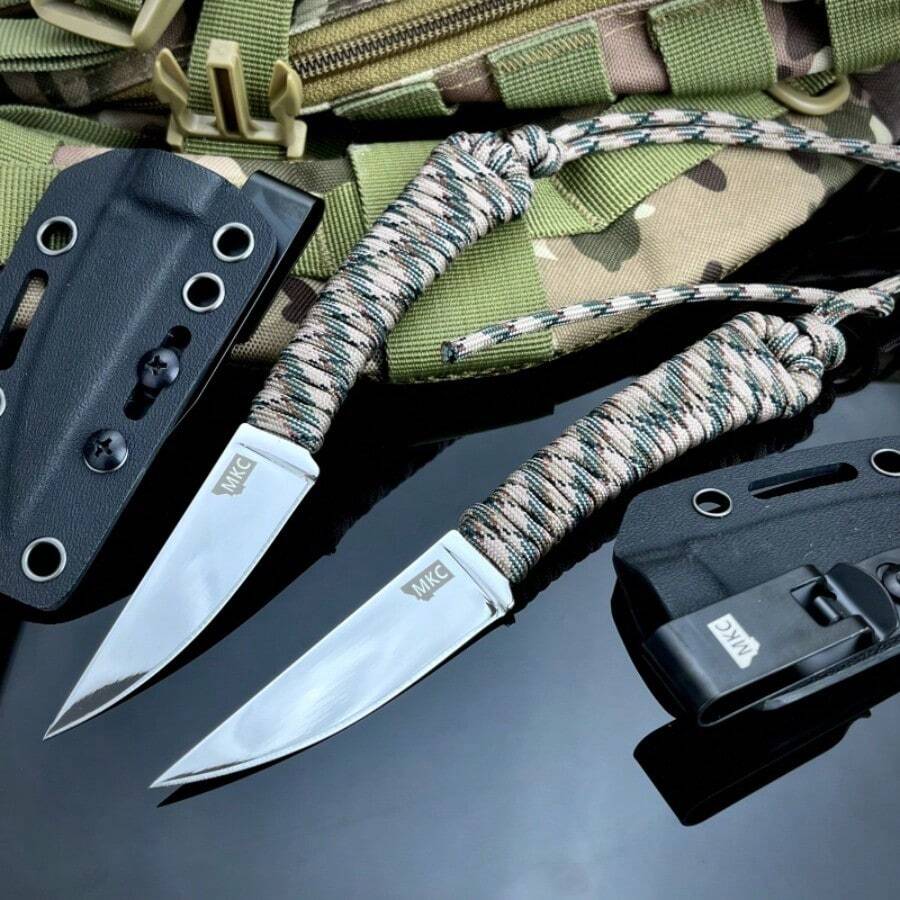MKC Straight Knife Nylon Rope Handle 440c Blade Wilderness Camping Combat Hunting Self-Defense High Hardness Sharp Utility Knife
