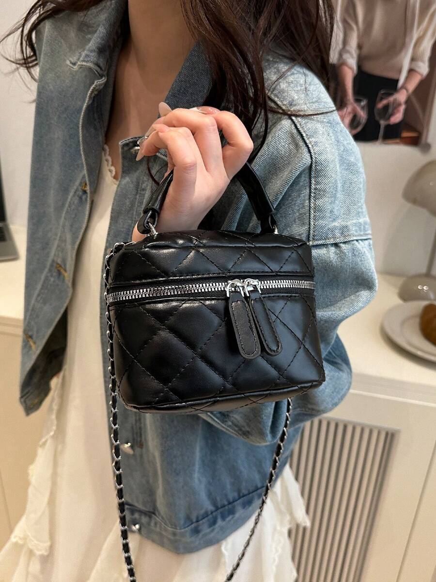 1 pieza Bolso de mano pequeño de mujer elegante y de moda, de unicolor, acolchado, de PU con cremallera y correa desmontable de cadena metálica, ideal para viajes, vacaciones, combinar con ropa de moda y compras con amigos