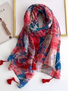 Soft And Breathable Scarf For Women, Lightweight Warm Colorful Print Shawl With Tassels, Perfect For Outdoor And Daily Use  Winter Fall