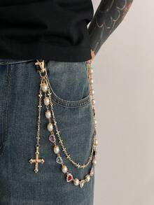 1pc Pearl Flower Pants Chain, High-End Style, Male Hip-Hop,Multi-Layer Metal Cross Pendant With Faux Pearl And Gemstone Inlay, Fashion Accessory With Hiphop Punk Style, Suitable For Pants Chain, Keychain, Waist Decoration, Teen, Casual Outdoor, Athletic, Vacation, Travel, Graduation, Birthday, Daily Wear