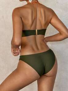New 2pcs Women Summer Beach Vacation Solid Color Sexy Metal Decor Halter Top And Bikini Set Set, European & American Style - Green - View 4