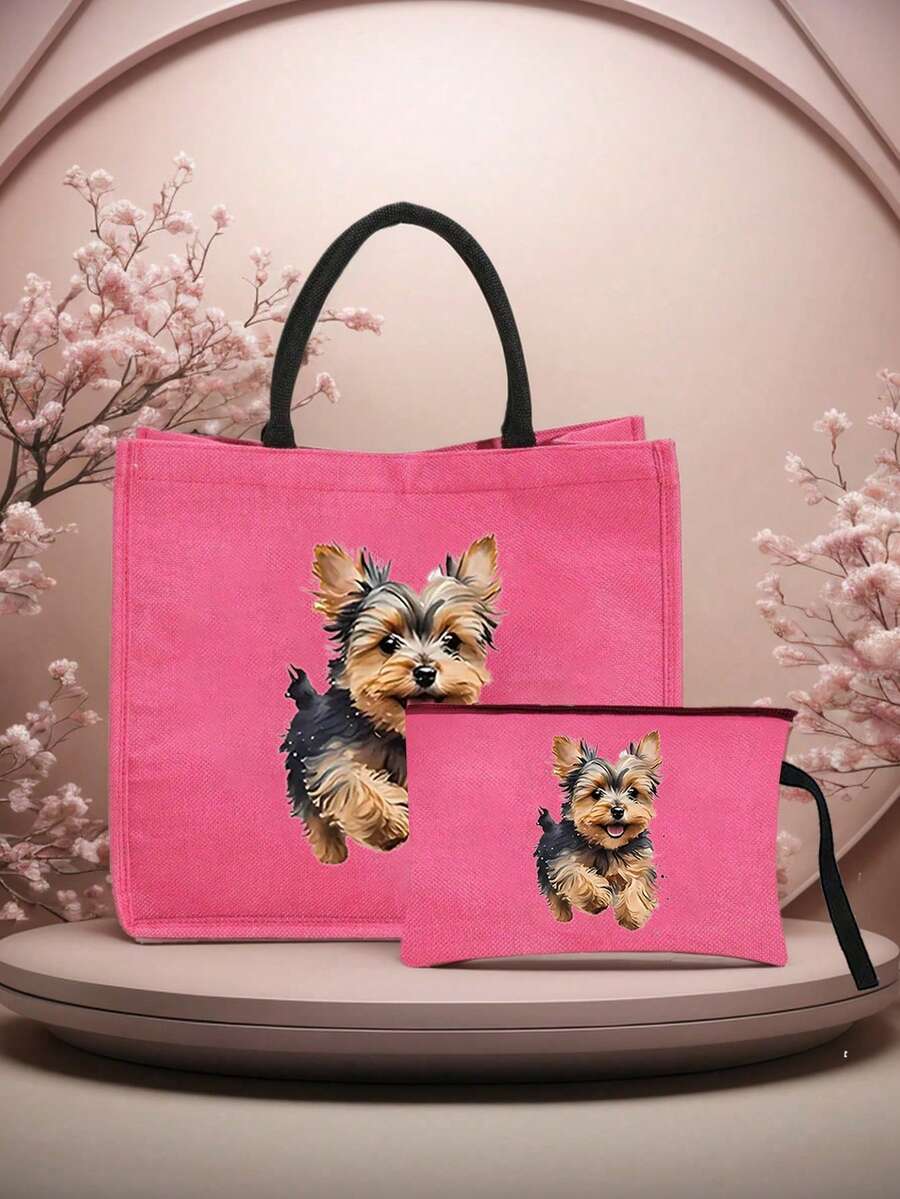 Running Puppy Black Shoulder Bag; Handbag; Handbag And Makeup Bag Combination; Large Capacity Handbag Paired With Exquisite Makeup Bag; One Shoulder Handbag And Makeup Bag