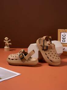 1 Pair Khaki Kids Anti-Slip Sandals, EVA Strap Design For Indoor, Beach, Outdoor Wear, Suitable For Summer