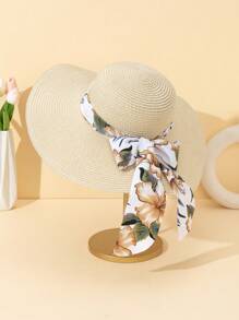 Set de 2 piezas - Sombrero de sol con lazo de cinta y estampado floral y bolso de hombro de paja, adecuado para vacaciones, color caqui