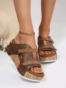 2025 Summer New European & American Fashion Double Buckle Rivet Decor Plus Size Wedge Heel Thick Sole Sandals