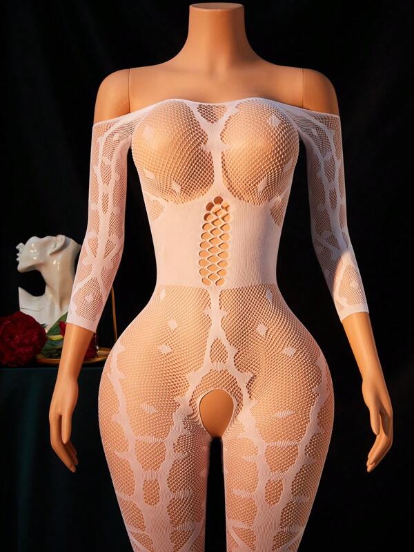 Ladies Sexy Lingerie Set, Solid Color Jacquard Hollow Out See-Through Off Shoulder Long Sleeve Open Crotch Stretchable Seamless Bikini Baby Doll Outfit, No Lining Required