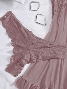 Conjunto de dos piezas con escote en V sexy y ribete de encaje, pijamas sexy para mujer, bata con abertura alta que revela los muslos
