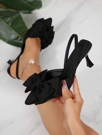 Fall/Winter Black Pointed Toe High Heel Pumps With Bowknot Decor, Elastic Strap Design, Elegant Hollow-Out Sandals For Women, Elegant, Party