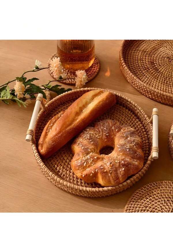 1pc Handmade Rattan Round Tray With Handles, Tea,Fruit, Bread & Snack Storage Basket