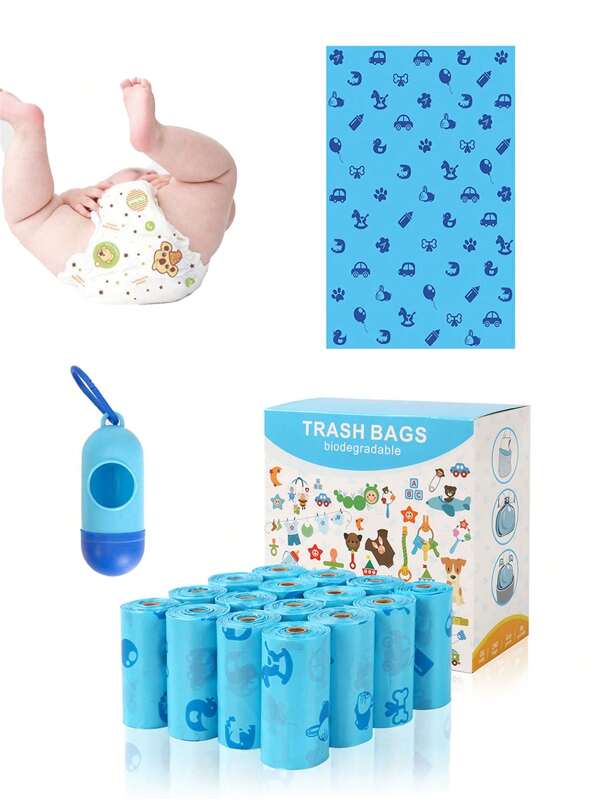 106 piezas - Bolsa desechable para pañales, 1 rollo con 15 piezas, bolsa para desechos de pañales o mascotas, apta para uso diario, bolsa para desechos de pañales de bebé, bolsa para desechos de gatos y perros, bolsa para desechos de automóviles, bolsa para pañales sin aroma con lindo diseño (azul)