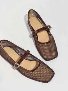 New Hollow-Out Mesh Ballet Brown Square-Toe Summer Breathable Soft Casual Flat Sandals, Ladies Plain Color Comfy Leisure Flat Shoes