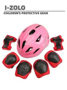 7 件儿童头盔和护具套装带 LED 灯，适用于滑板、滑板车、轮滑、自行车、平衡车等各种户外运动 - 粉色 - 查看 2