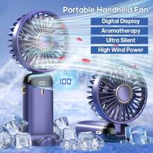 1 pièce Ventilateur à main personnel, avec support de téléphone portable et cordon, petit ventilateur portable, ventilateur de bureau, alimentation par batterie rechargeable USB, affichage numérique LED, 5 vitesses, réglable à 90°, flux d'air de refroidissement puissant et silencieux. Idéal pour l'extérieur, les voyages, le bureau, la maison et la voiture. Ventilateur pliable et portable, parfait pour la Fête des Mères, la Fête des Pères, les diplômés, les anniversaires, les fêtes à Hawaii
