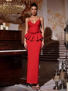 Nuevo vestido largo elegante de cóctel rojo sexy con cuello en V, sin mangas, espalda descubierta, volantes y ajuste ceñido, para invitada de boda, dama de honor, fiesta de cumpleaños, cena formal de damas