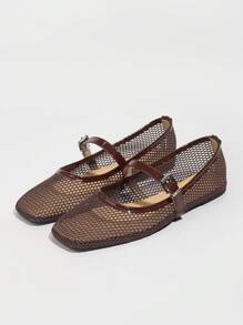 New Hollow-Out Mesh Ballet Brown Square-Toe Summer Breathable Soft Casual Flat Sandals, Ladies Plain Color Comfy Leisure Flat Shoes