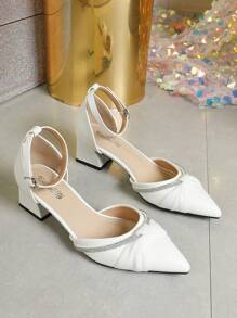 Summer New Fashionable Women's White High Heel Shoes, Thick Heel Elegant Pointed Toe Mules, Mid Heel Closed Toe Sandals For Summer