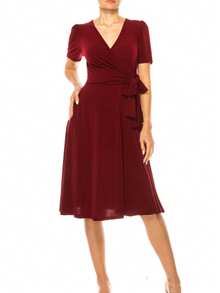 Chic Solid Faux Wrap Dress With Deep V-Neck For Elegant & Casual Wear  Plain  Elegant  Casual  Knitted Fabric  Wrap  Knot  Bow - 酒紅色 - 查看 1