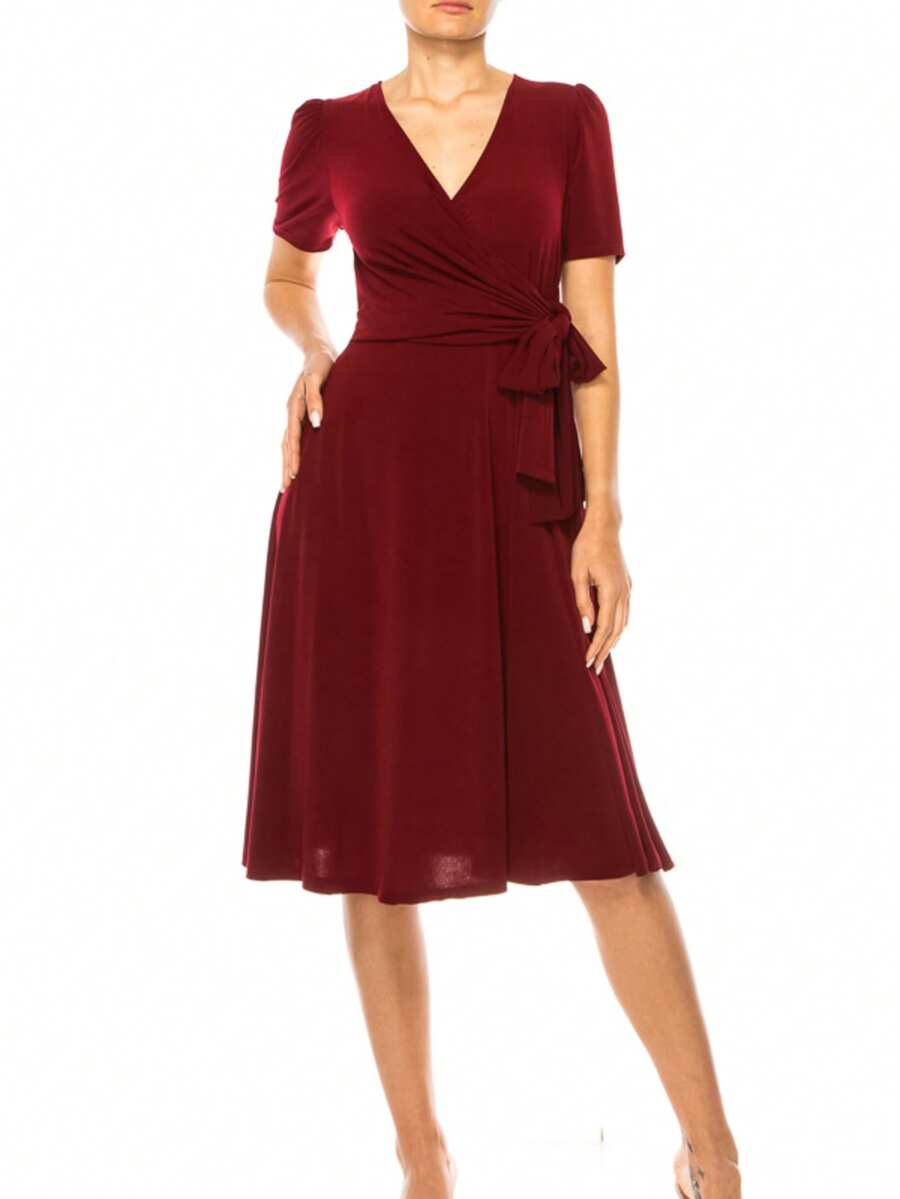 Chic Solid Faux Wrap Dress With Deep V-Neck For Elegant & Casual Wear Plain Elegant Casual Knitted Fabric Wrap Knot Bow - 酒紅色 - 查看 1
