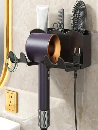 1pc New Wall-Mounted Lightweight Hair Dryer Holder, Perforation-Free Bathroom Storage Rack, Hair Dryer Storage Organization, Bathroom Bedroom Accessories, Bathroom Storage Rack