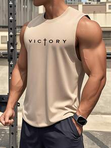 男士夏季休闲字母印花背心 - 杏色 - 查看 1