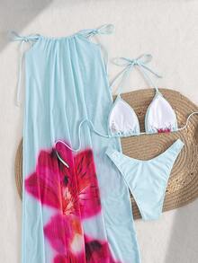 3pcs/Set Women Summer Floral Print Halter Bohemian Beach Holiday Bikini Swimsuit And Sarong Skirt - Baby Blue - View 6