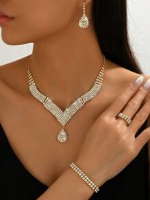 5 Stücke/Set Schmuckset für Frauen: Halskette, Ohrringe, Armband, Ring, Strassen Braut Hochzeit Accessoires