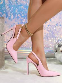 Women's Mirror Metallic Buttoned High Heel Pointed Toe Pumps, Pink Peep-Toe High Heels, 2025 New Arrivals