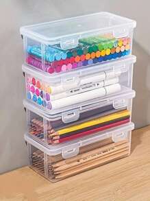 4pcs Oversize Transparent PP Storage Boxes With Lids, Lightweight, Unfinished Surface, Suitable For Office & School Supplies, Pens, Pencils, Markers, Makeup Brushes, Etc.