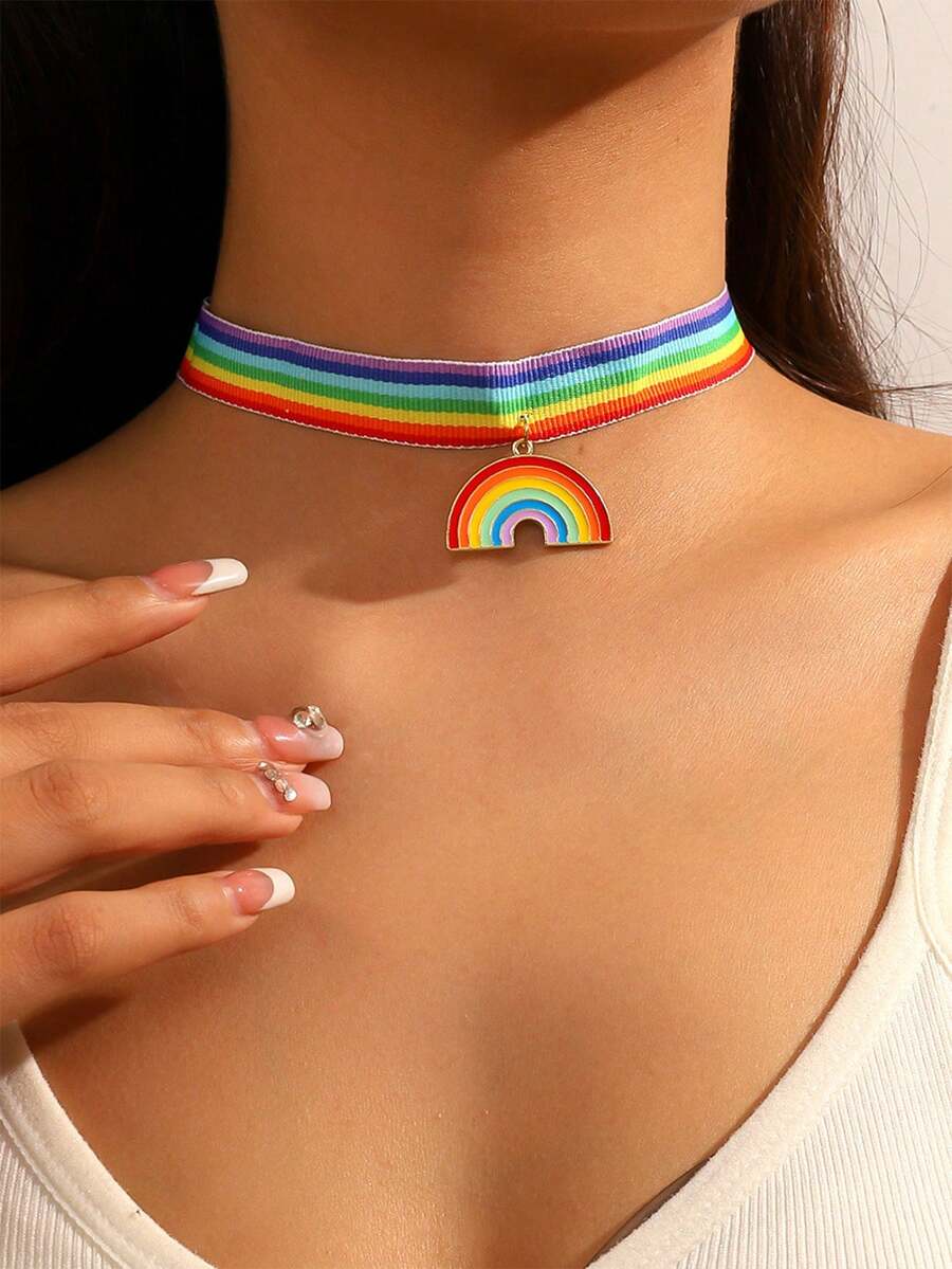 1pc Rainbow Color Couple Necklace Chain, Friendship Choker - Color - View 1