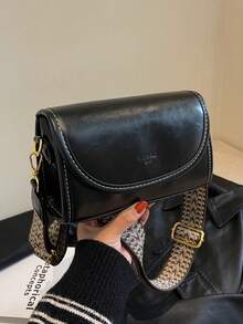 Vintage Chic Wide Strap Shoulder Square Bag - Stylish Solid Color Flap Crossbody Purse With Adjustable Strap For Women - Perfect For Daily Use And Travel - 黑色 - 查看 5
