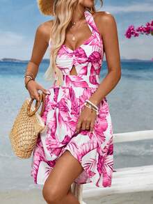 Women's Summer Tropical Print Dress, Versatile Mini Romantic Sleeveless Vacation Dress - Hot Pink - View 6