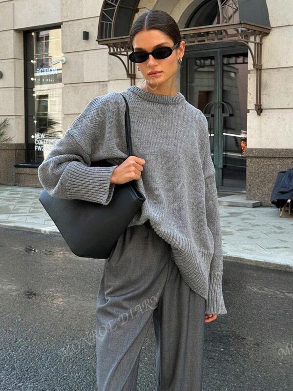 Loose Fit Crew Neck Pullover Sweater, Solid Color Casual Relaxed Style, Autumn/Winter New Arrival