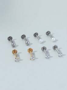 4 件/8 件/16G 不锈钢扁平心形氧化锆唇钉和 T 形耳钉，简约时尚唇环耳环，适合女士耳洞情人节