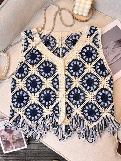 Dam Vintage broderad virkad tofs V-ringad knappstickad väst för semestersommar