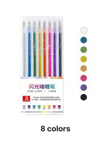 1 Box (8pcs) Customized Glitter Text Gel Pens, Colorful Liquid Glitter Shimmer Highlighter Pens For Journaling - Multicolor - View 6